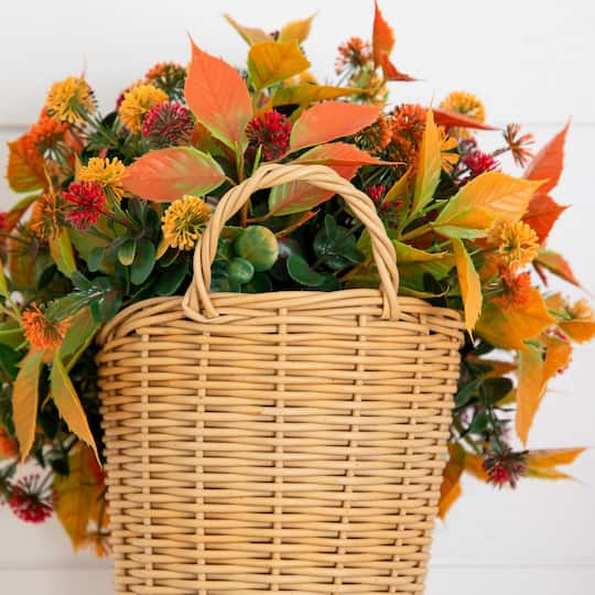 14" UV Resistant Autumn Artificial Mixed Fall Mum in Wicker Basket